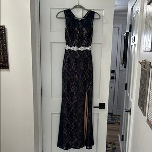 City Triangles Navy Lace Maxi Dress with Embellished Belt